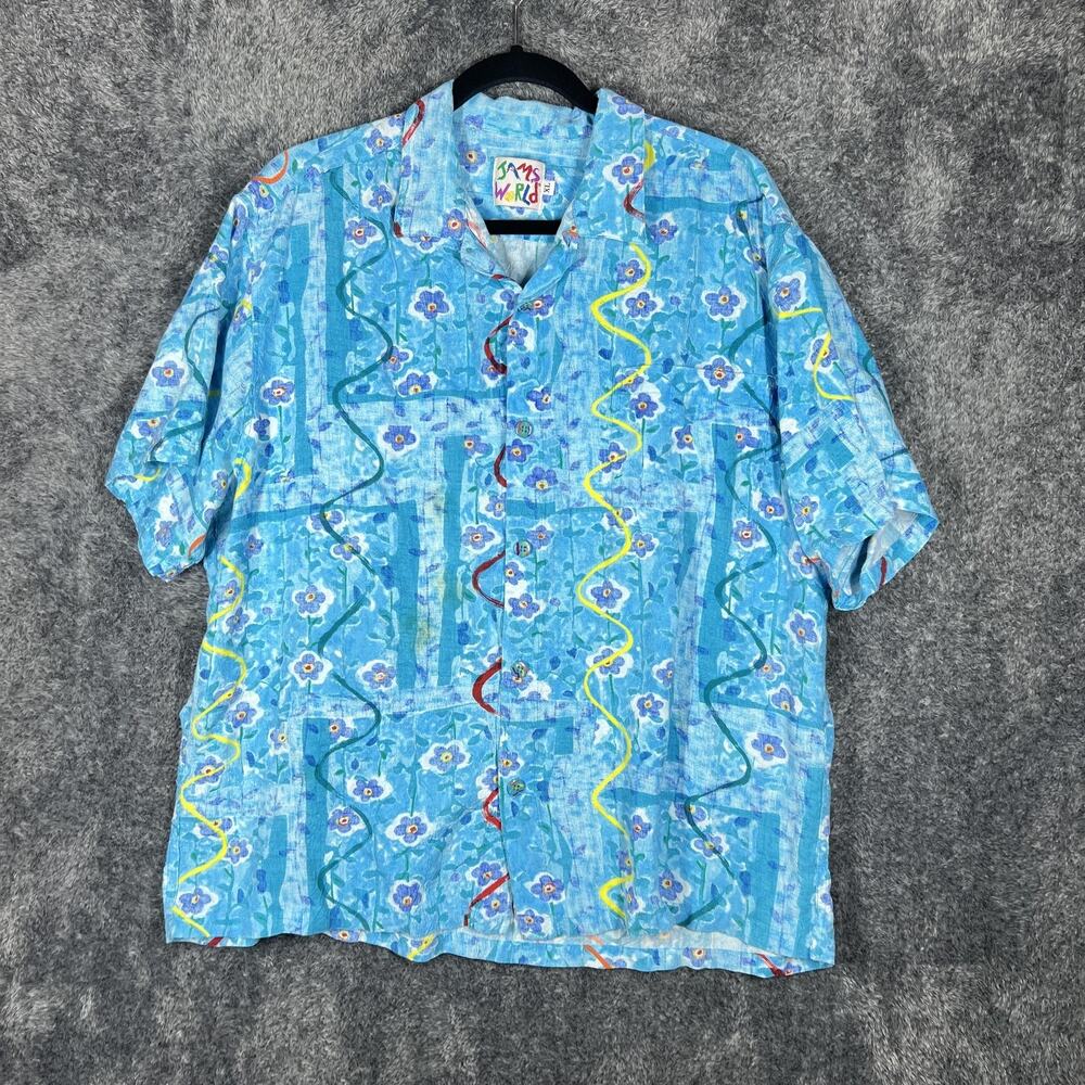 Jams World Hawaiian Shirt Mens XL Blue Floral Aloha Short Sleeve Button Up USA